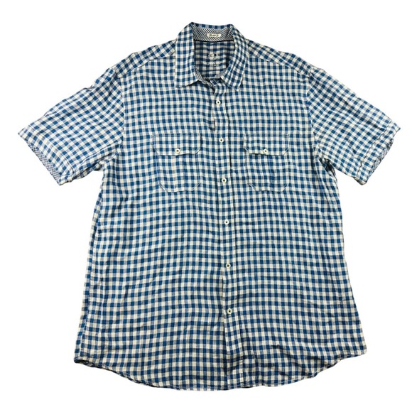 Bugatchi Uomo Other - Bugatchi Uomo Shirt Men XL Blue‎ Shaped Fit Check Gingham Linen Short Sleeve
